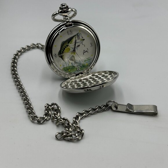 Al Agnew Pocket Watch Men Silver Tone Bass Fish Dial Chain Included New Battery - Picture 3 of 12